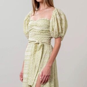 MOON RIVER Geo Pattern sweetheart Puff Sleeve Midi Dress Sage Green - M